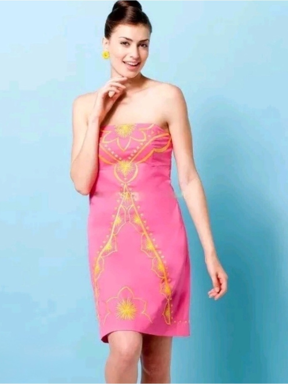 Lilly Pulitzer Bowen Strapless Mini Dress Pink Yellow Embroidery Size 8